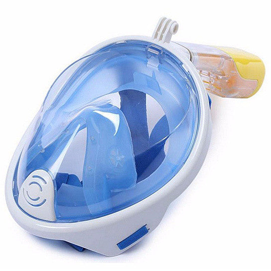 Full-face snorkel mask with blue-tinted lens, white frame, and snorkel tube