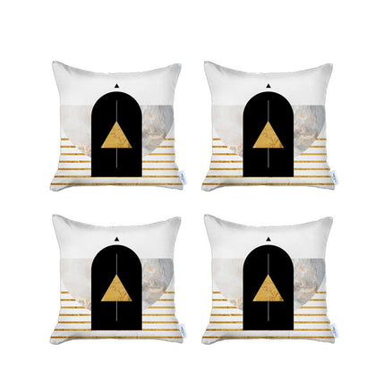 White throw pillow cover set with black arch and gold tree print, gray wing shapes