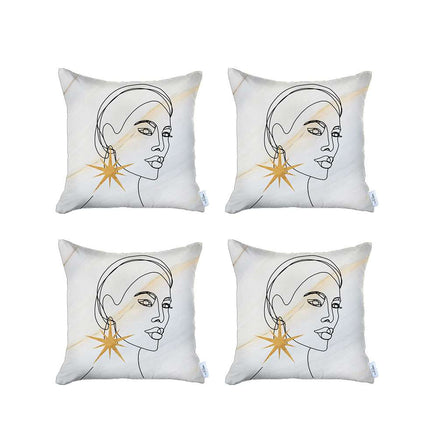 Four-pack white throw pillow covers with gold star face line-art