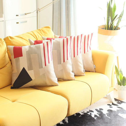 Geometric printed jacquard throw pillow cover with red stripes, black triangle, beige blocks