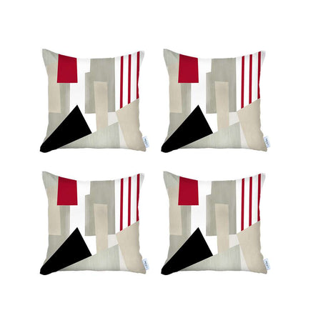 Set of 4 geometric jacquard throw pillow covers with red stripes, black triangle, beige blocks