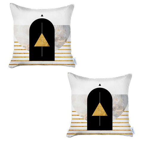 Set of 2 boho printed pillow covers, white with black arch and gold tree motif
