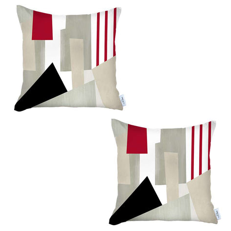 Set of two geometric jacquard throw pillow covers with red squares, red stripes, and black triangle