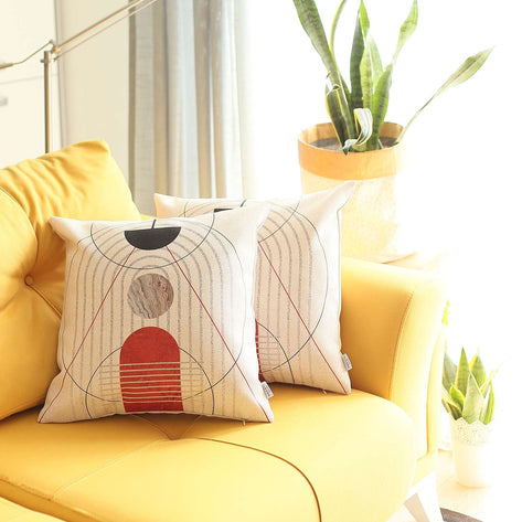 Printed jacquard throw pillow covers, cream with arch line pattern in red and gray