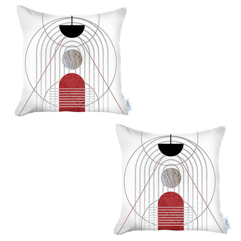 Printed jacquard throw pillow cover, cream with circular top and red/gray arches