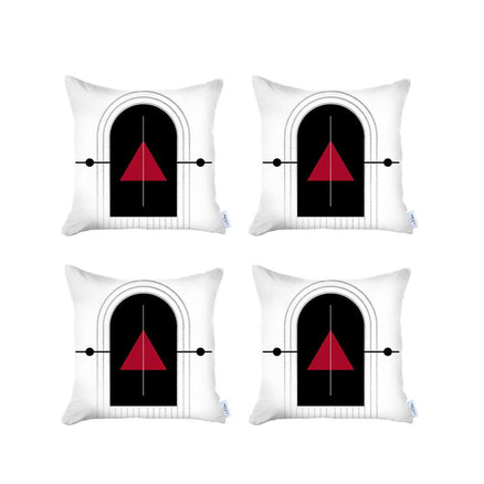 White throw pillow covers with black arch and red tree motif, framed by white piping