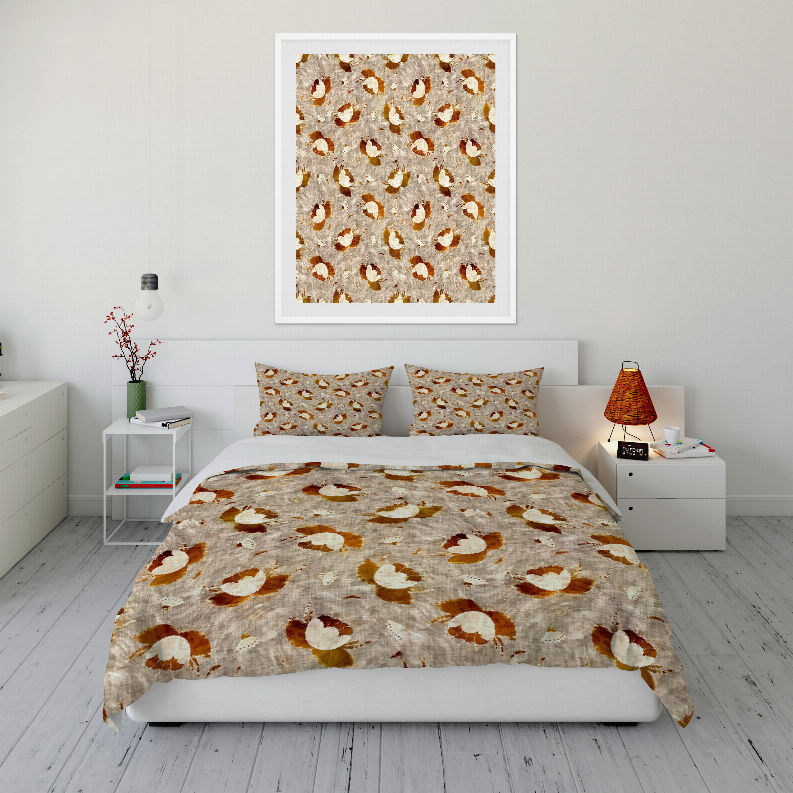 Duvet cover set with two pillowcases and comforter in tan rust swirl design