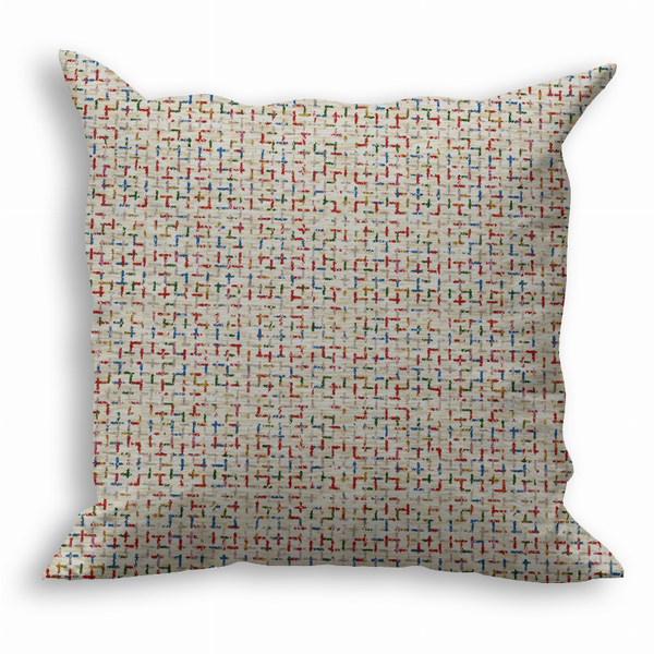 Multi-color patterned throw pillow with small grid-like print, textured fabric
