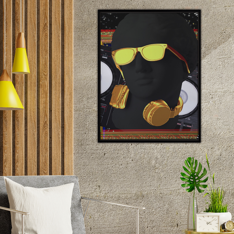 Pop art print in black frame with stylized face, yellow sunglasses, and headphones