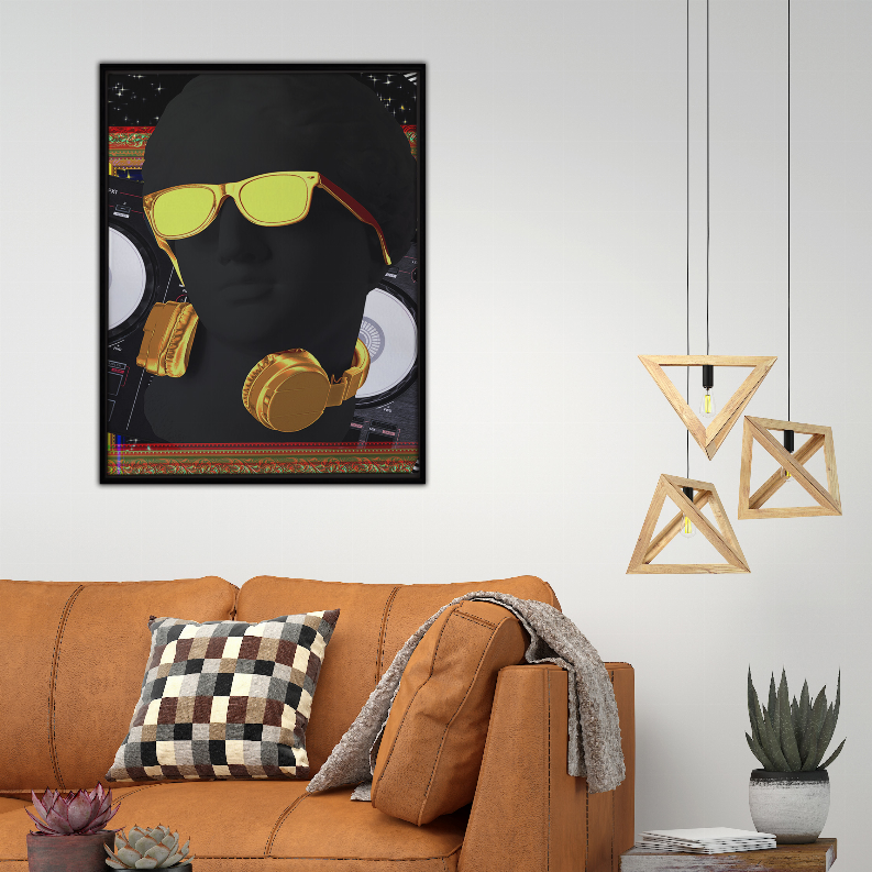 Framed pop art print with stylized listening figure, yellow glasses, and gold headphones