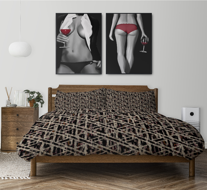 Duvet cover set with black geometric lattice pattern and matching pillow shams