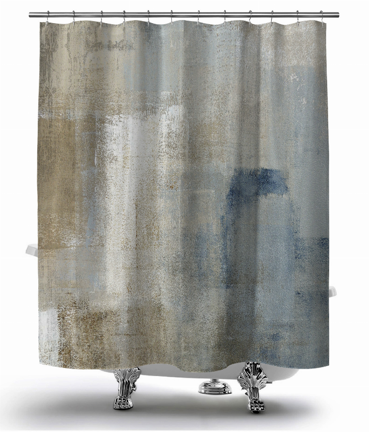 Abstract blue and beige shower curtain with top grommets and metal hook rings.