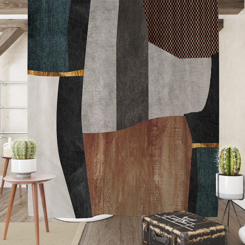 Shower curtain with abstract striped blocks in teal, gray, black, brown, and gold accents