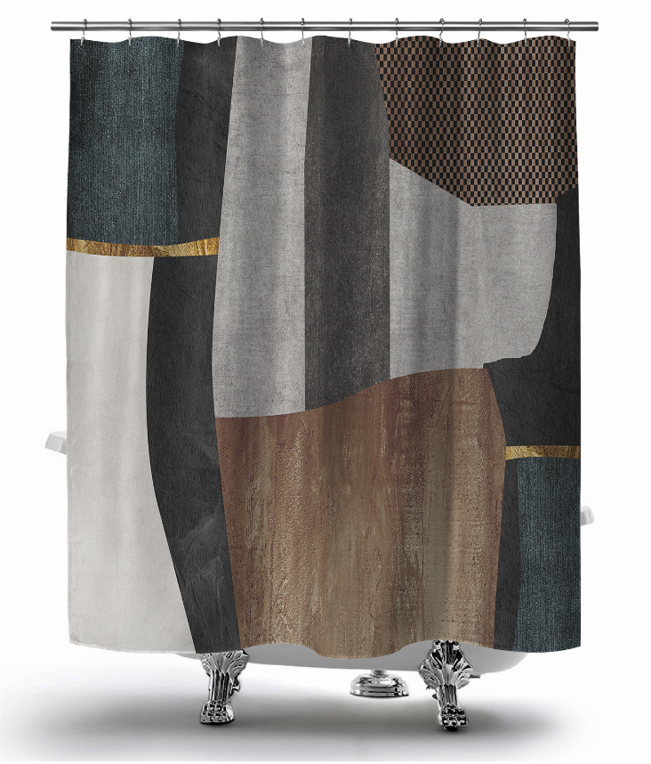 Shower curtain featuring vertical stripe and patchwork blocks in gray, black, teal, and brown