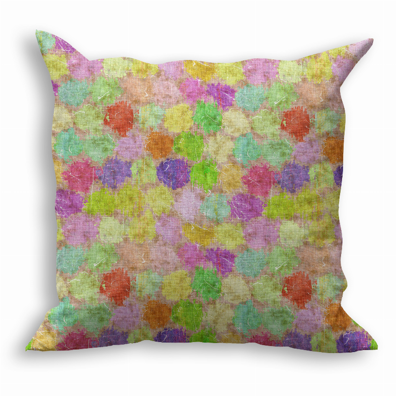 Square throw pillow with multicolor abstract watercolor pattern, isolated front view