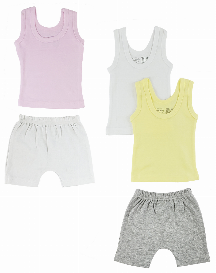 Girls tank tops and shorts set in pink, white, and yellow with matching bottoms