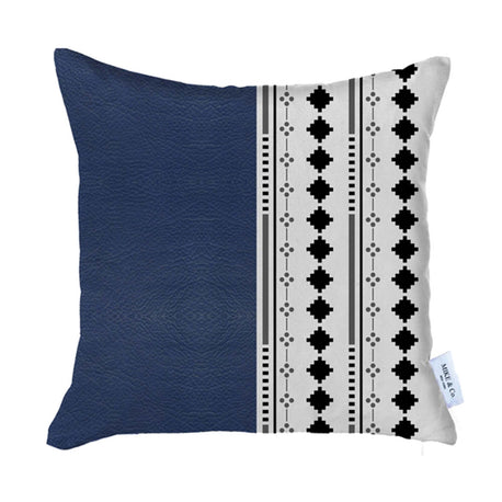 Blue faux leather throw pillow with gray striped center and black diamonds