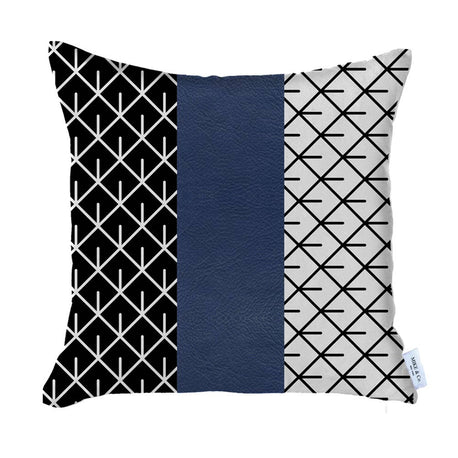 Geometric throw pillow with navy faux-leather center panel and black/white lattice panels