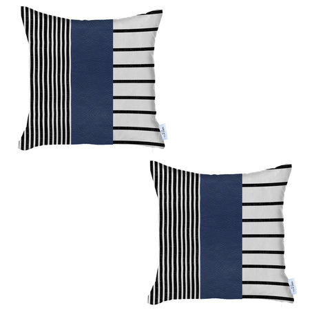 Striped throw pillow covers set of 2 with navy blue center band and black/white stripes