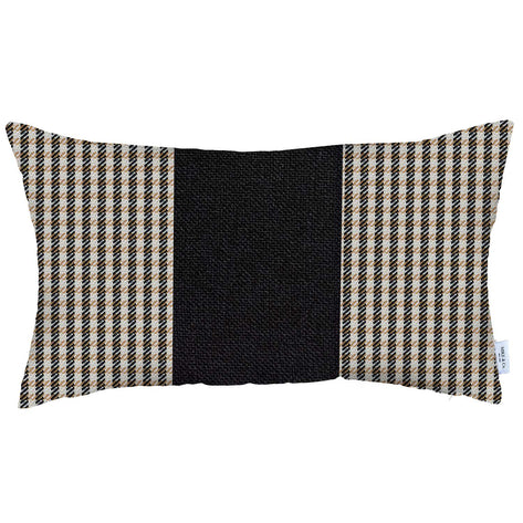 Rectangular throw pillow with black center panel and tan grid stripe borders.