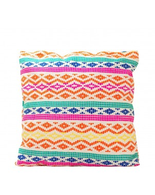 Multicolor jacquard cushion cover with horizontal geometric bands and orange yellow tones