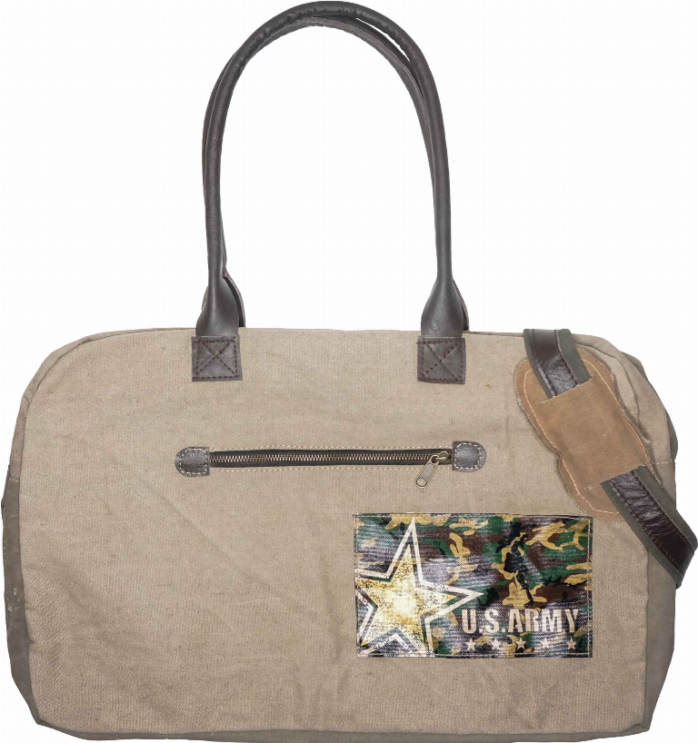 Khaki canvas travel tote with dark handles, front zip, and embroidered U.S. Army star patch