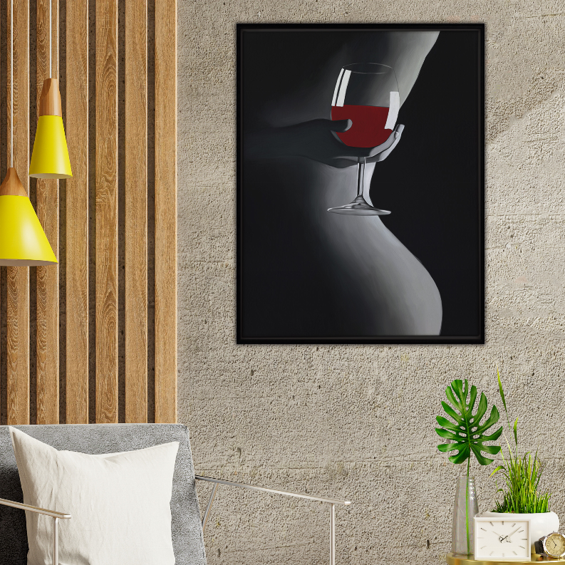 Framed art print with red wine glass on dark abstract background