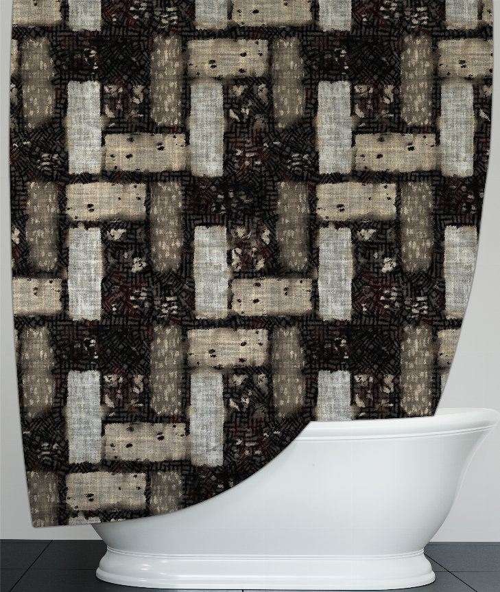 Geometric shower curtain with black, gray, and cream rectangular pattern