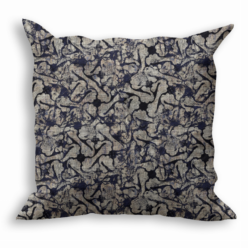 Square throw pillow with navy and light gray abstract pattern