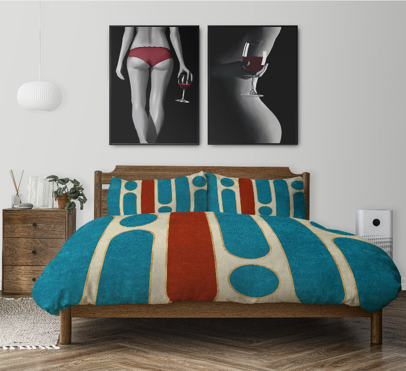 Comforter set with teal duvet, red center stripe, and rounded dot accents