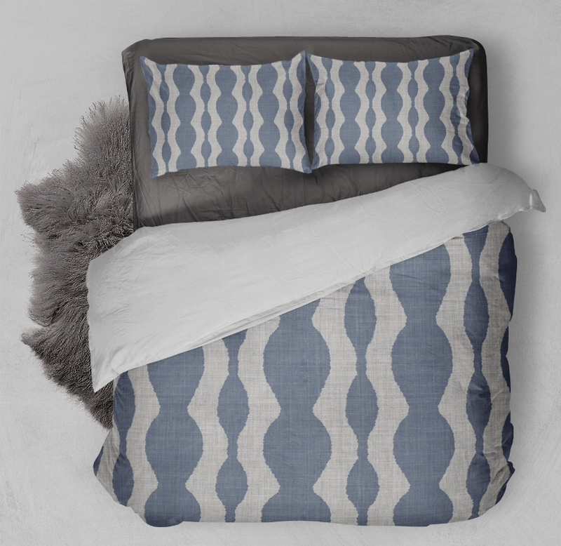 Blue and white wave-pattern comforter set with two pillow shams
