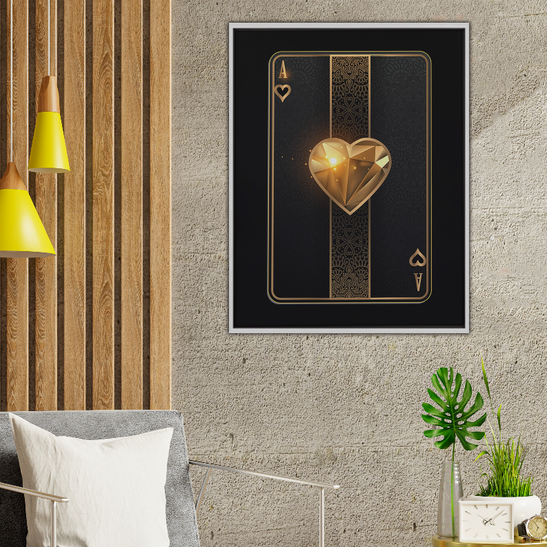 Framed ace art print with black playing cards and gold heart, suit icons