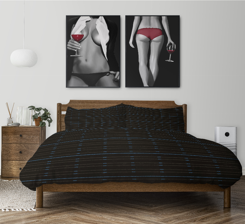 Duvet cover set with black fabric and blue horizontal stripe pattern, includes pillowcases