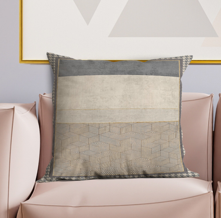 Square decorative pillow in gray and cream with horizontal stripes and woven pattern