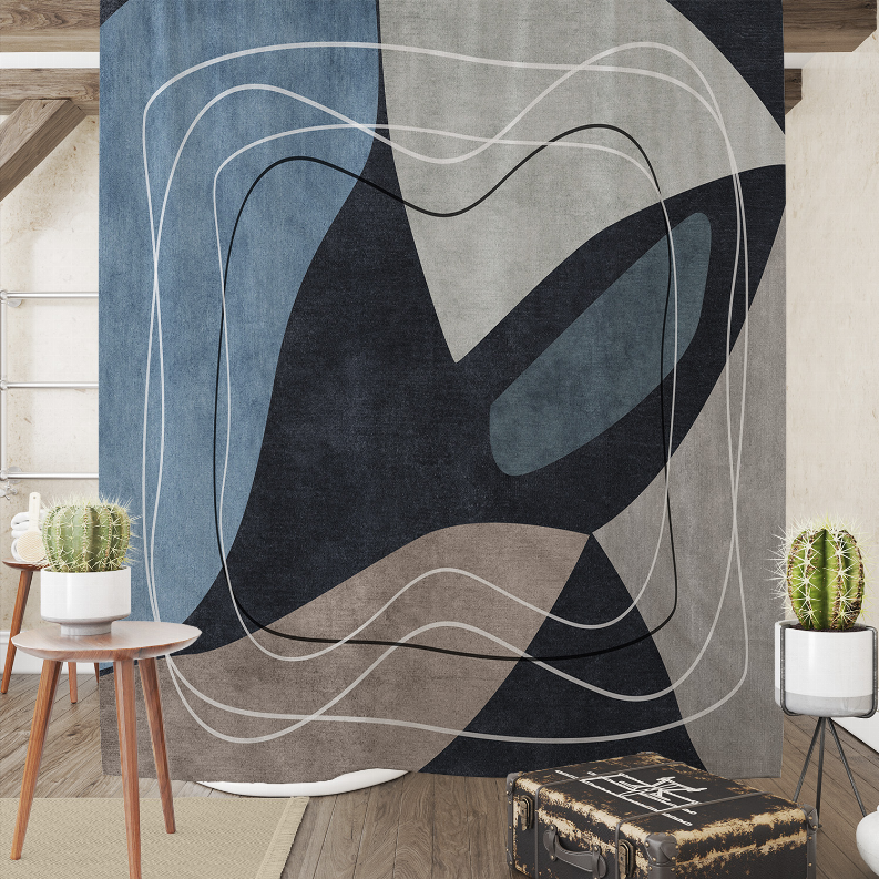 Geometric abstract shower curtain in blue, gray, black and white lines, full view