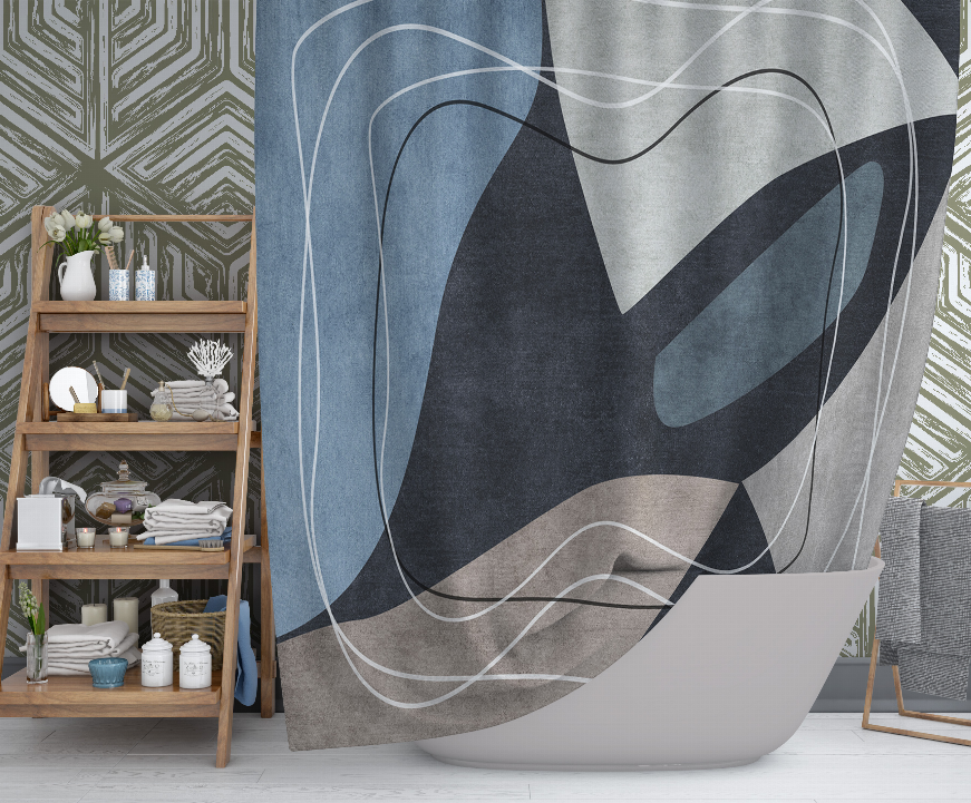 Abstract shower curtain with blue, gray, black and white curved lines; draped hem