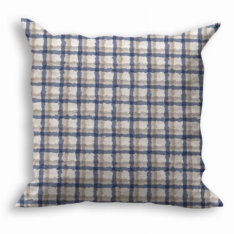 Square blue-and-beige plaid throw pillow with repeating grid pattern