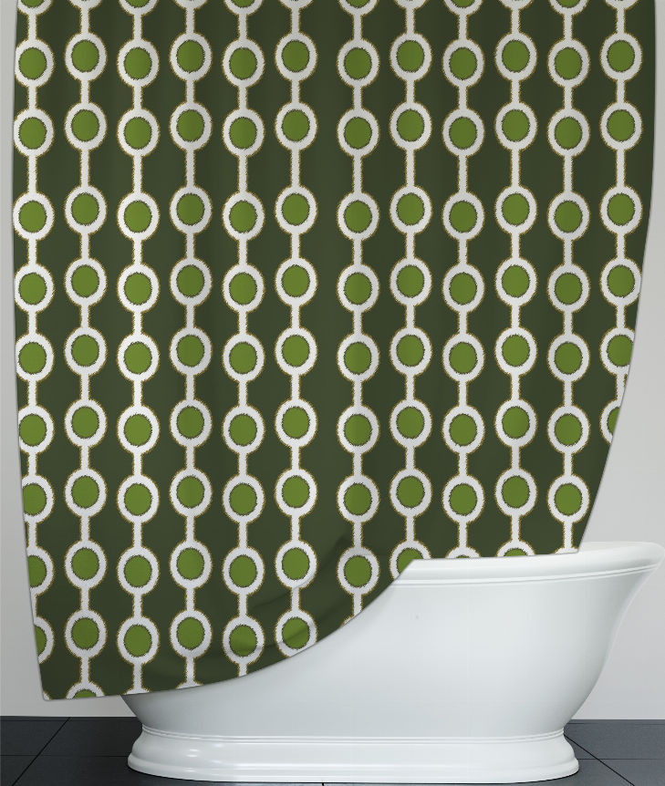 Shower curtain corner detail with green and white ring pattern on dark gray
