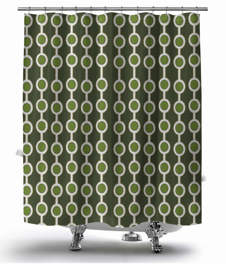 Hanging shower curtain featuring repeating green and white linked-ring design