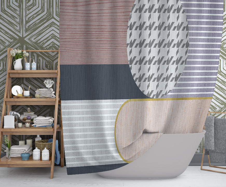 Multicolor shower curtain with striped bands and geometric pattern panels