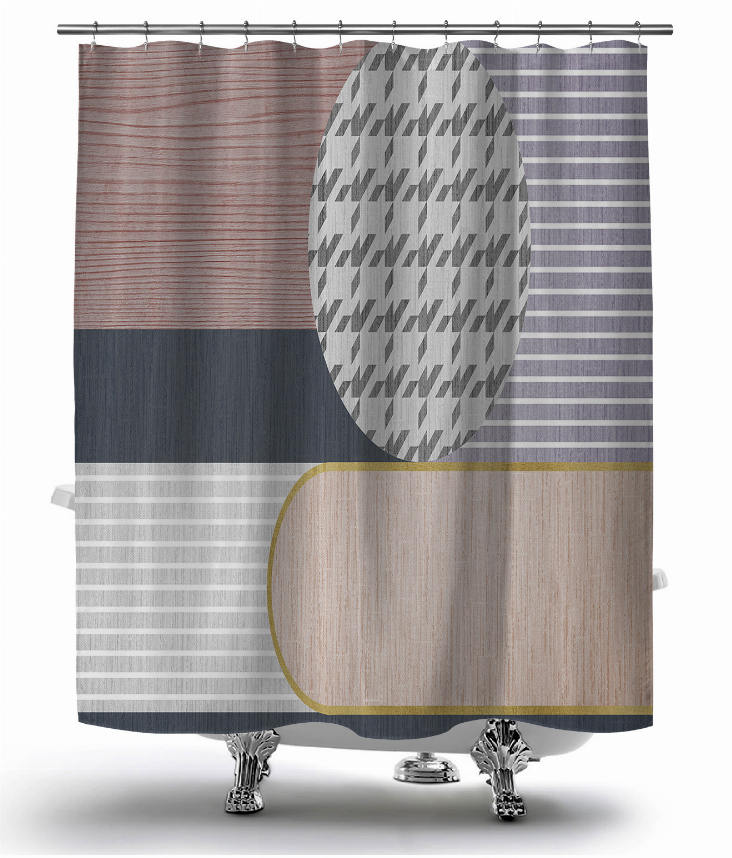 Multicolor shower curtain with grommets; striped and geometric blocks with oval motif
