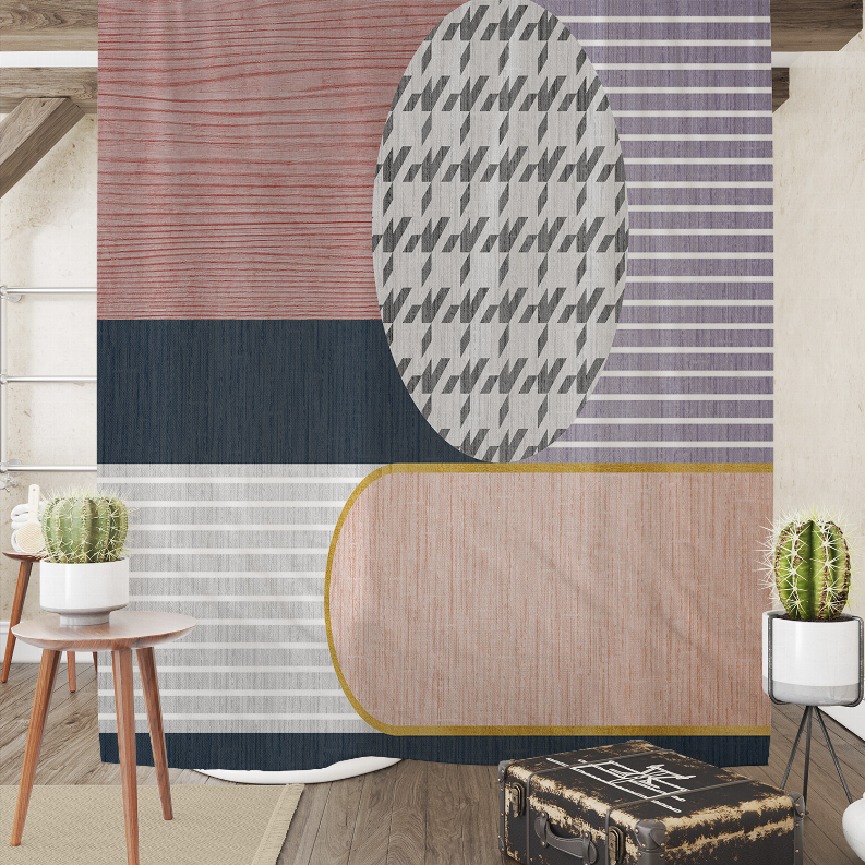 Multicolor shower curtain with wide stripes and textured geometric oval graphic