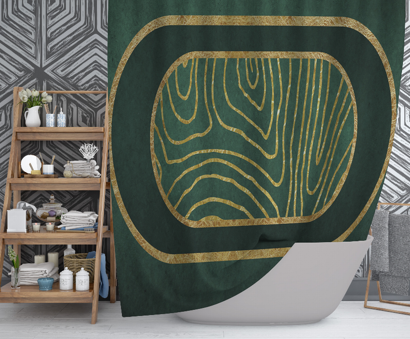 Dark green shower curtain with gold abstract oval motif, in bathtub view