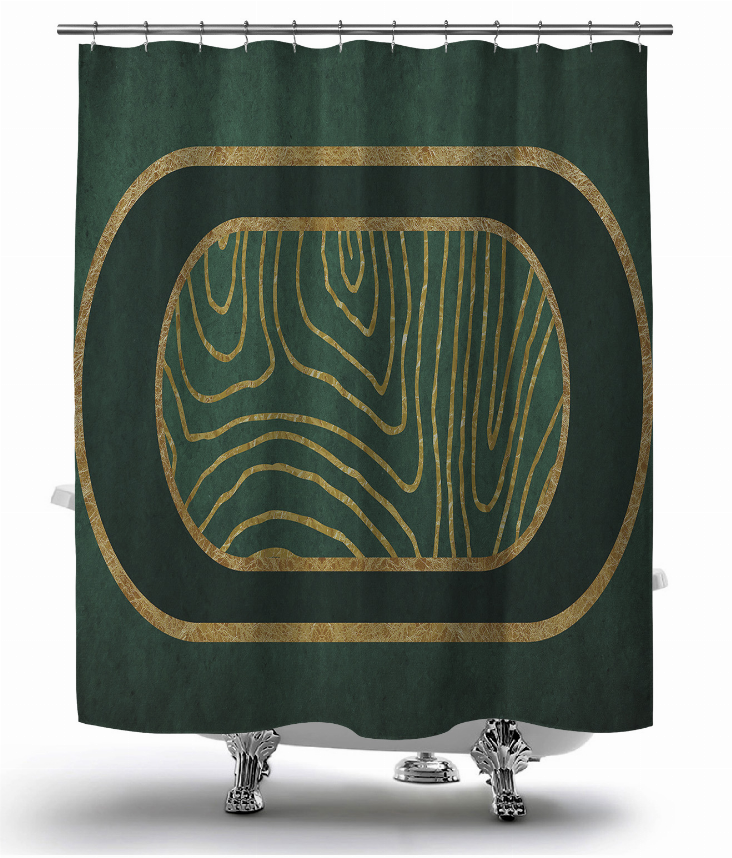 Dark green shower curtain with gold abstract oval print and metal hook top