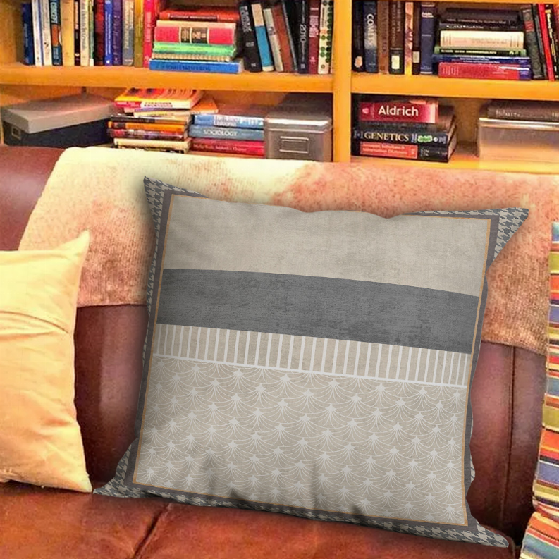 Square decorative pillow, gray center band with white scallop pattern and border piping