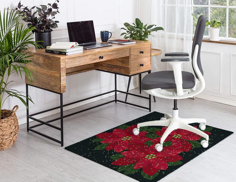 Low pile carpet with dark green base and large red poinsettia flowers, starry dots