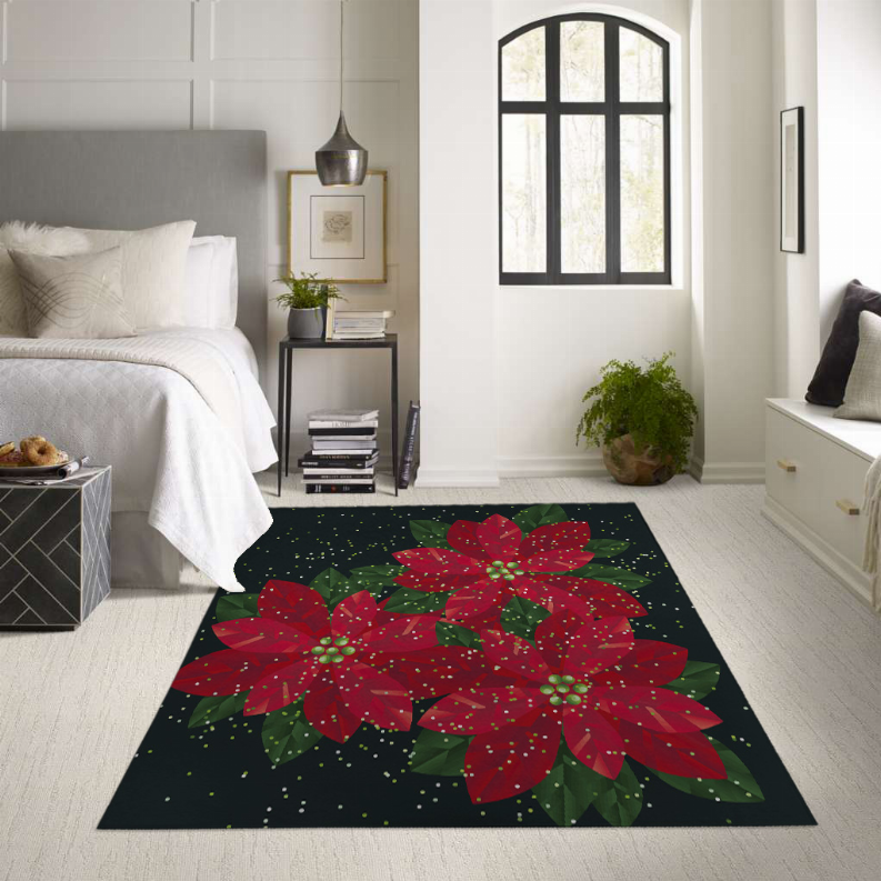 Low pile carpet in room setting with dark green poinsettia print and red blossoms