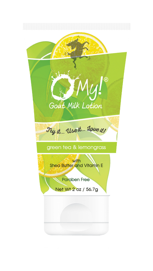Green goat milk lotion tube with green tea and lemongrass; paraben free badge