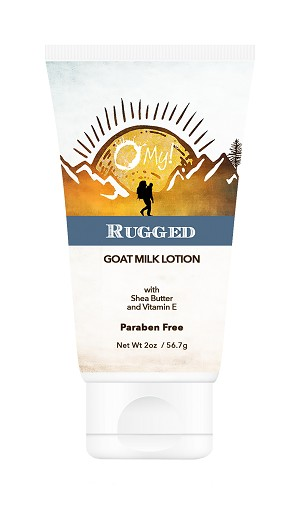 Goat milk lotion squeeze tube with Rugged label, shea butter and vitamin E, paraben-free