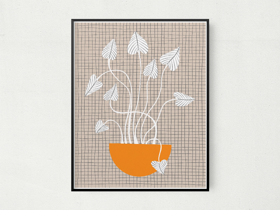 Square framed wall art showing gray outlined leaves rising from an orange pot